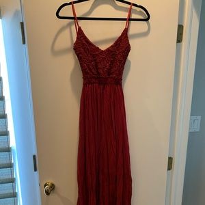 Red, open back, maxi dress
